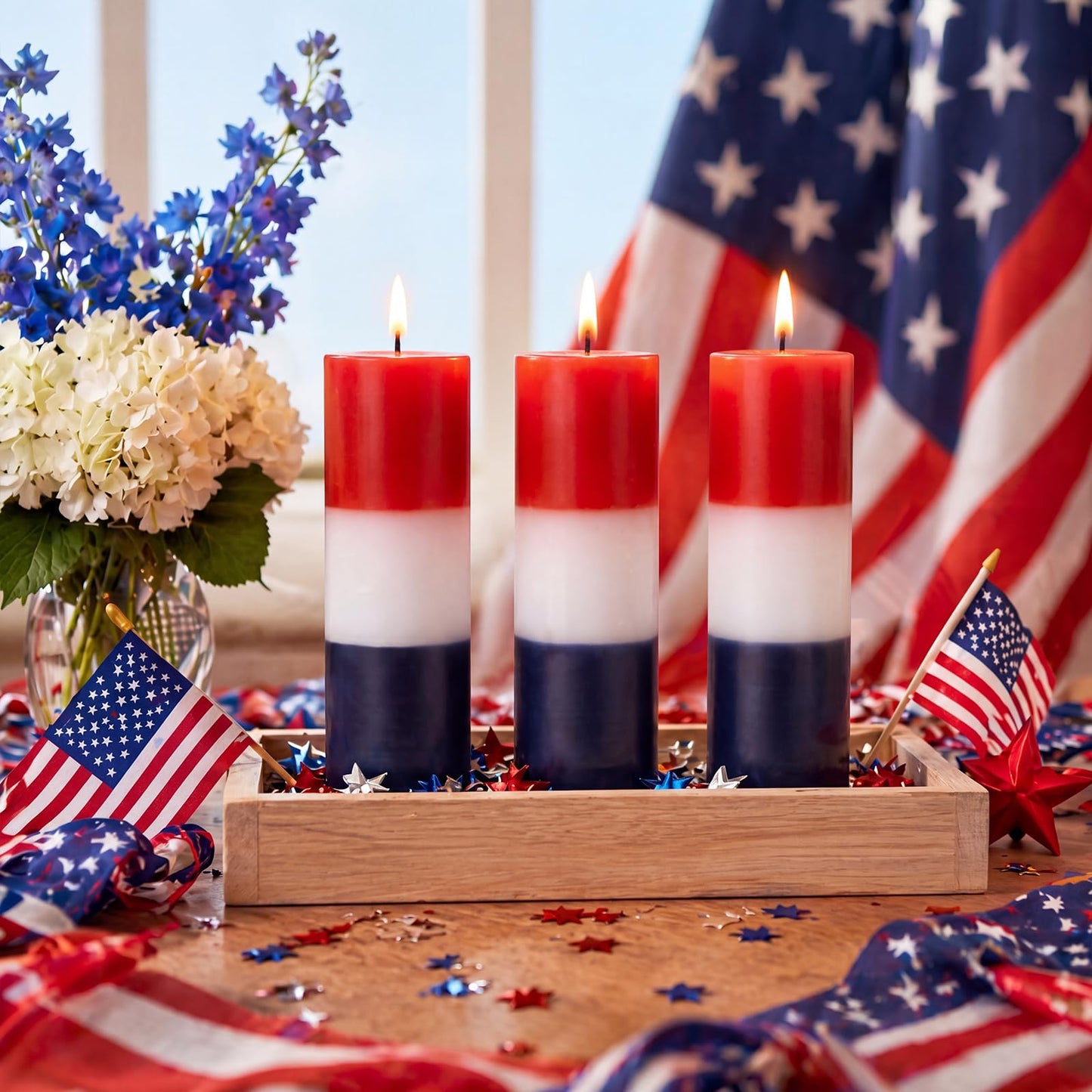 Conelist 3 Pcs Red White and Blue Wax Candle 4th of July Unscented Dripless Pillar Patriotic Candles Smokeless Independence Day American Gifts for Dinner Party Decoration(Red Blue White,2 Inch)