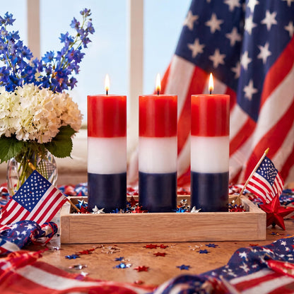Conelist 3 Pcs Red White and Blue Wax Candle 4th of July Unscented Dripless Pillar Patriotic Candles Smokeless Independence Day American Gifts for Dinner Party Decoration(Red Blue White,2 Inch)