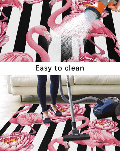 Outdoor Rug 4x6 ft Pink Floral Flamingos Outdoor Large Area Rug Non Slip Rubber Black Stripes Front Door Mat RV Rug Camping Carpet Patio Outdoor Rugs for Backyard Balcony Deck Porch Indoor Outside