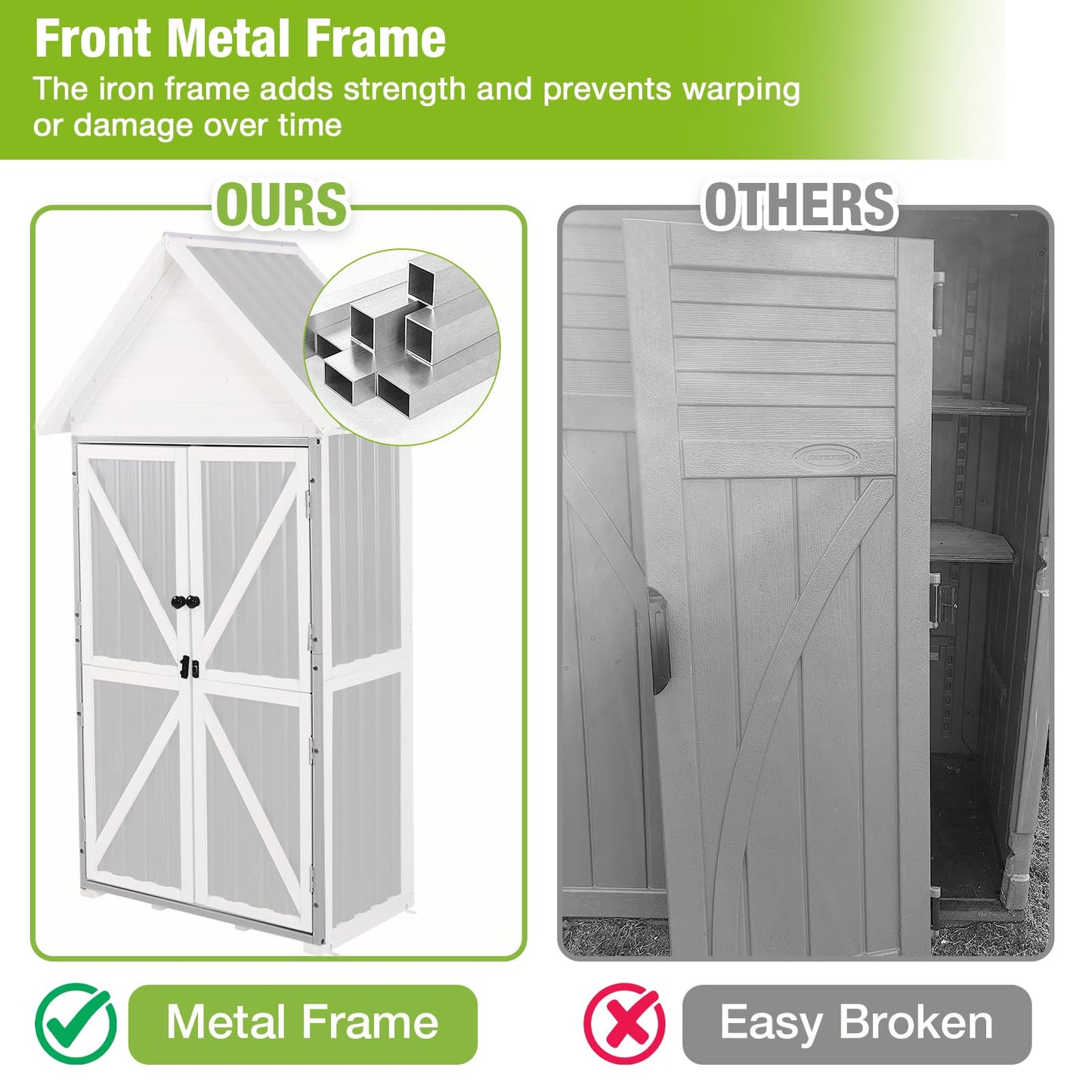 GUTINNEEN Outdoor Storage Cabinet, Wood & Metal Frame Garden Storage Shed with Waterproof Plastic Roof, Adjustable Shelves, Raised Base, Weather-Resistant Tool Shed for Backyard, Patio & Lawn, 67.5"H