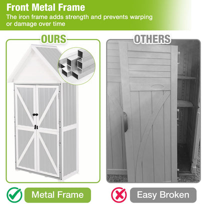 GUTINNEEN Outdoor Storage Cabinet, Wood & Metal Frame Garden Storage Shed with Waterproof Plastic Roof, Adjustable Shelves, Raised Base, Weather-Resistant Tool Shed for Backyard, Patio & Lawn, 67.5"H