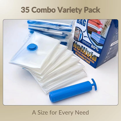 Skiennix Vacuum Storage Bags - 35 Pack Compression Space Saver for Bedding & Clothing - Includes Hand Pump