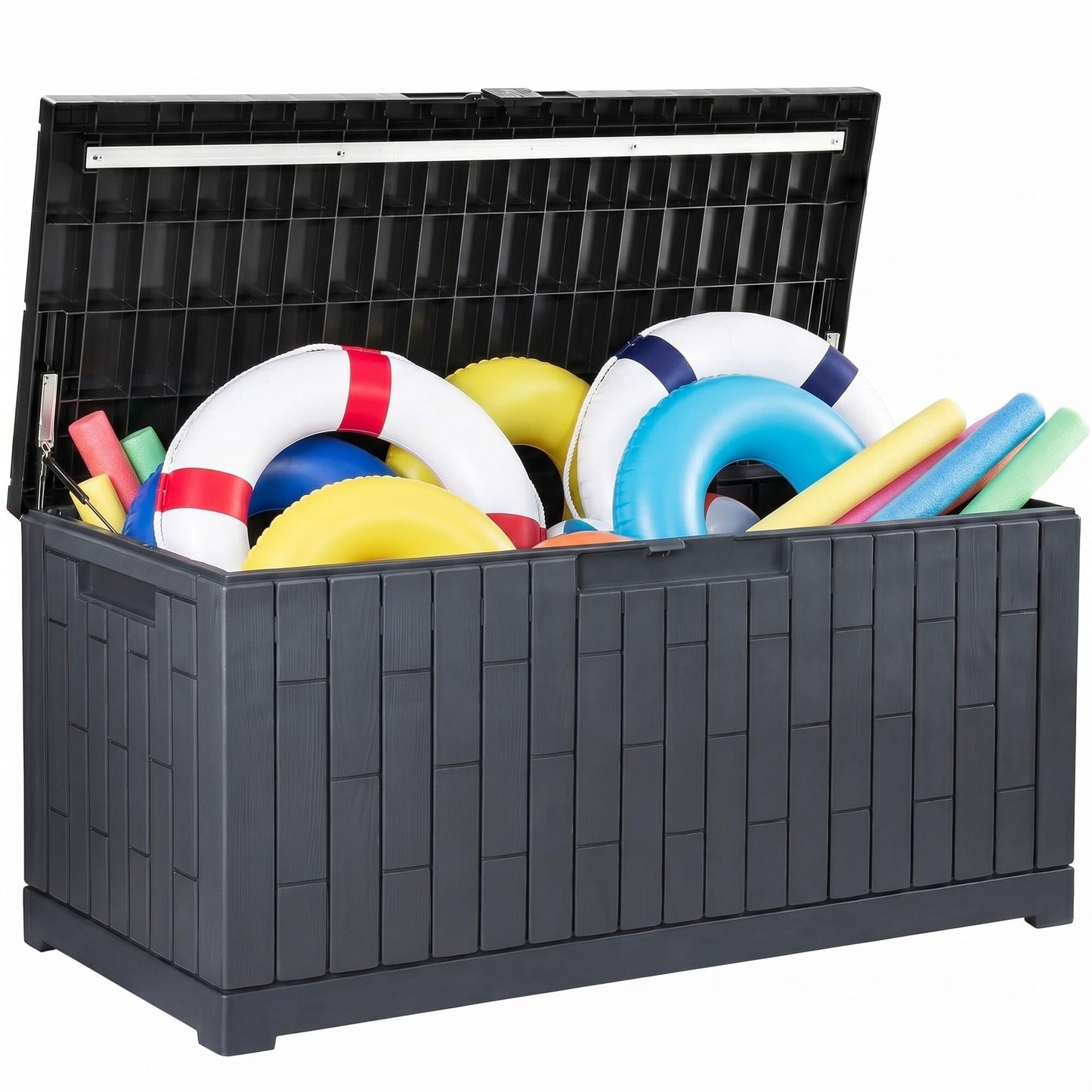 YITAHOME Large Deck Box 120 Gallon Resin Outdoor Storage Box with Slide-Locking Lid, Patio Storage Bin Bench Seat for Outdoor Pillows, Garden Tools and Pool Supplies, Waterproof Lockable, Dark Gray