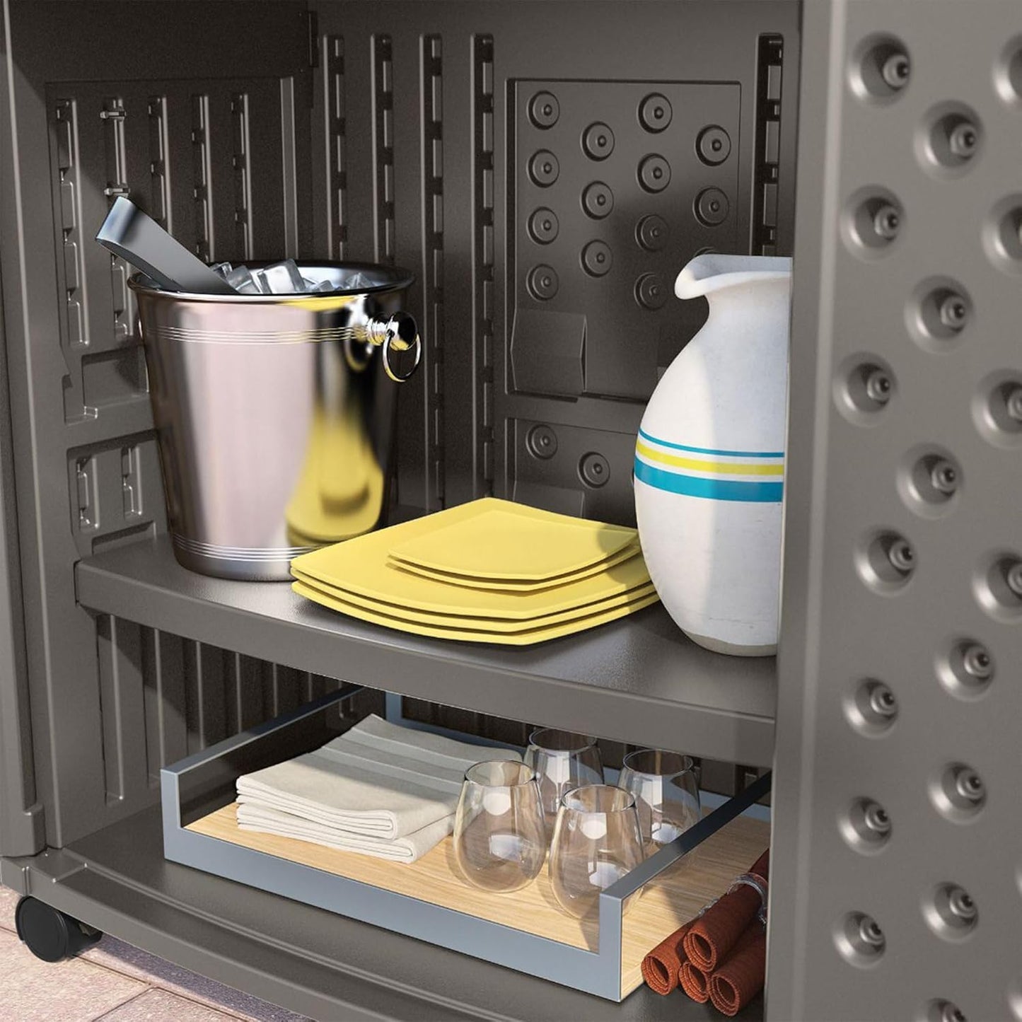 Suncast Patio Plastic Storage and Prep Station with Decorative Wicker Pattern and Multi Wall Panels for Patio, Garden, and Lawn Use, Stoney Gray