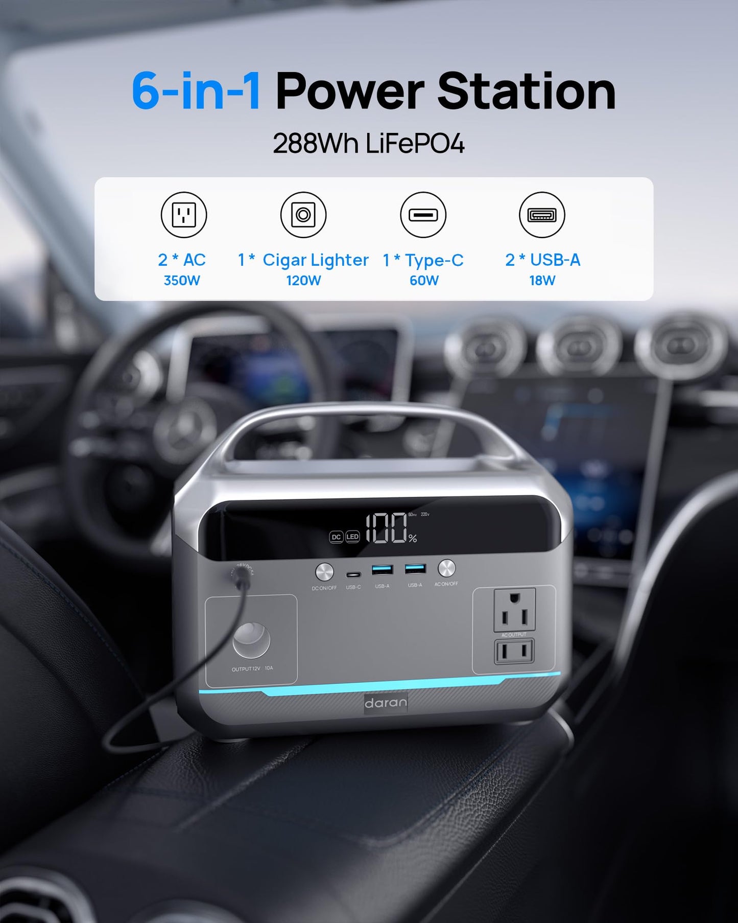 DARAN Portable Power Station with 60W Solar Panel Included, 288Wh LiFePO4 Battery, 350W (600W Peak), 7-Port Design, 2.1Hrs Fast Charing Solar Generators for Home, Outdoor Camping