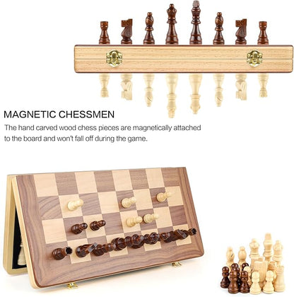 15 Inch Magnetic Wooden Chess Game Set Classic Folding Board Games with Felted Game Board Interior for Storage 2 Extra Queens Pieces Storage Slots