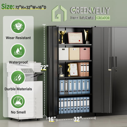 Greenvelly Metal Storage Cabinet, 72" Black Steel Garage Cabinet with Doors and Adjustable Shelves, Metal Cabinet with Lock,Garage Cabinets and Storage System for Garage,Home Office,School