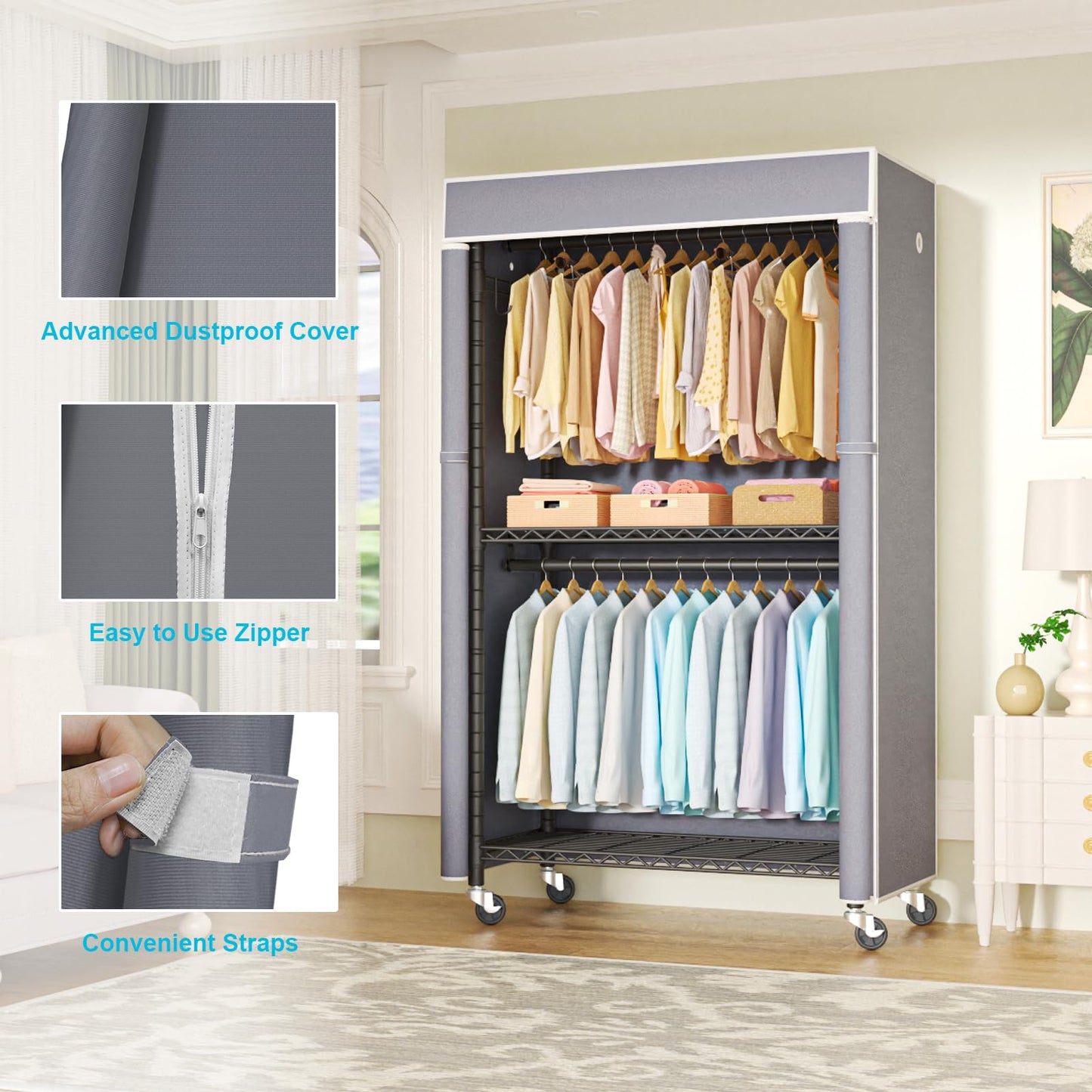 FUTASSI Black Clothing Rack with Grey Cover, P1C Rolling Closets with Wheels, Metal Garment Rack for Hanging Clothes, Clothing Storage Wardrobe, 36.2" W x 16.5" D x 80.5" H, Load 450 Pounds