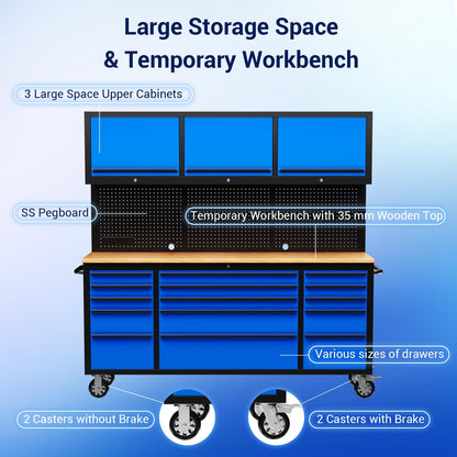 CHETTO C 72 inch Tool Chest Tool Box Mobile 15 Drawer Storage 3 Upper Cabinet Power Outlet SS-Pegboard with Wheels Lock Key Locking System Drawer Liners for Garage Warehouse Repair Shop