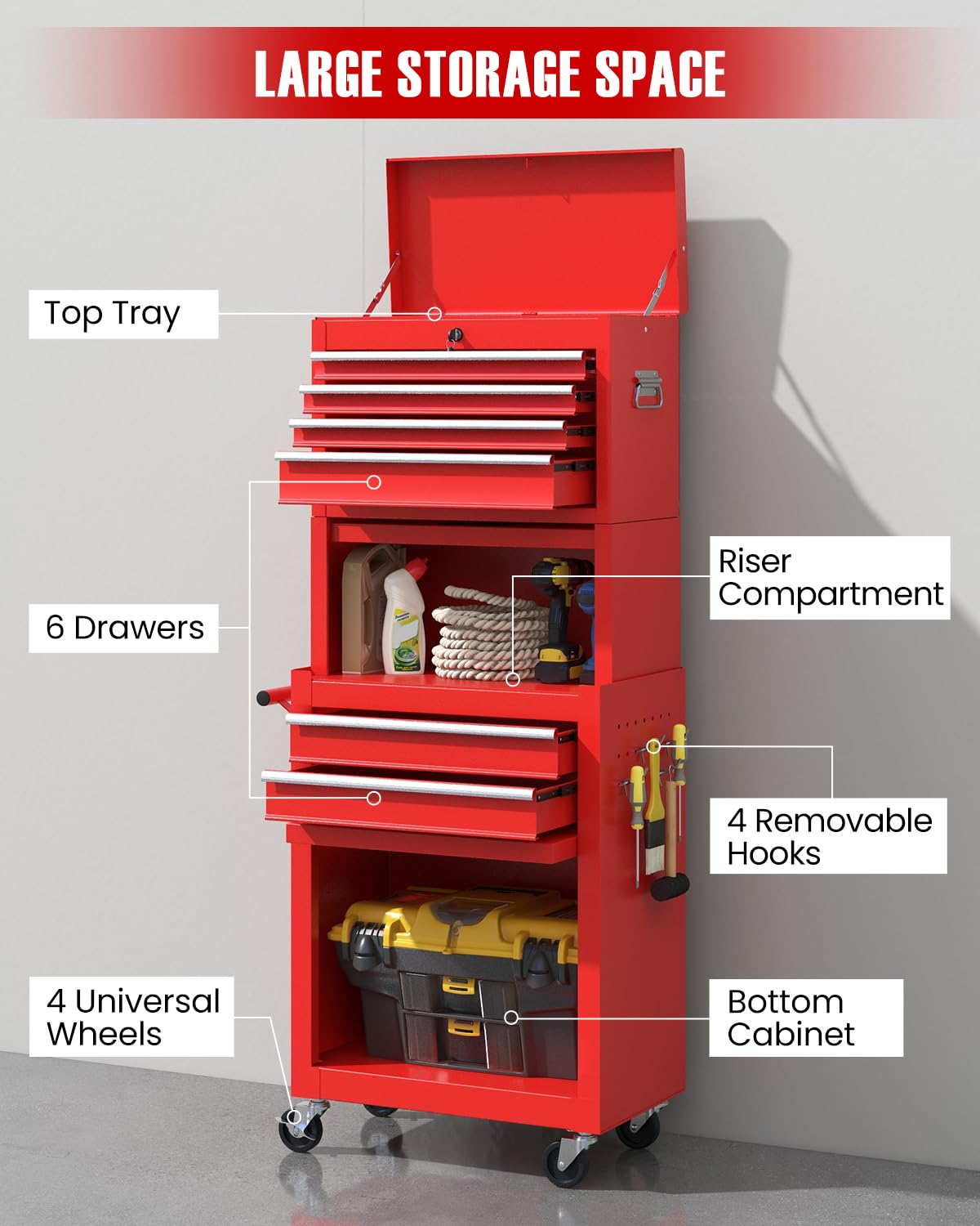 ARNOT 2-in-1 Rolling Tool Chest with 5 Drawers, Heavy-Duty Metal Tool Box with Wheels, Detachable Top Tool Box & Rolling Tool Cabinet for Garage, DIY (6-Drawers Whith Middle Box, Red)