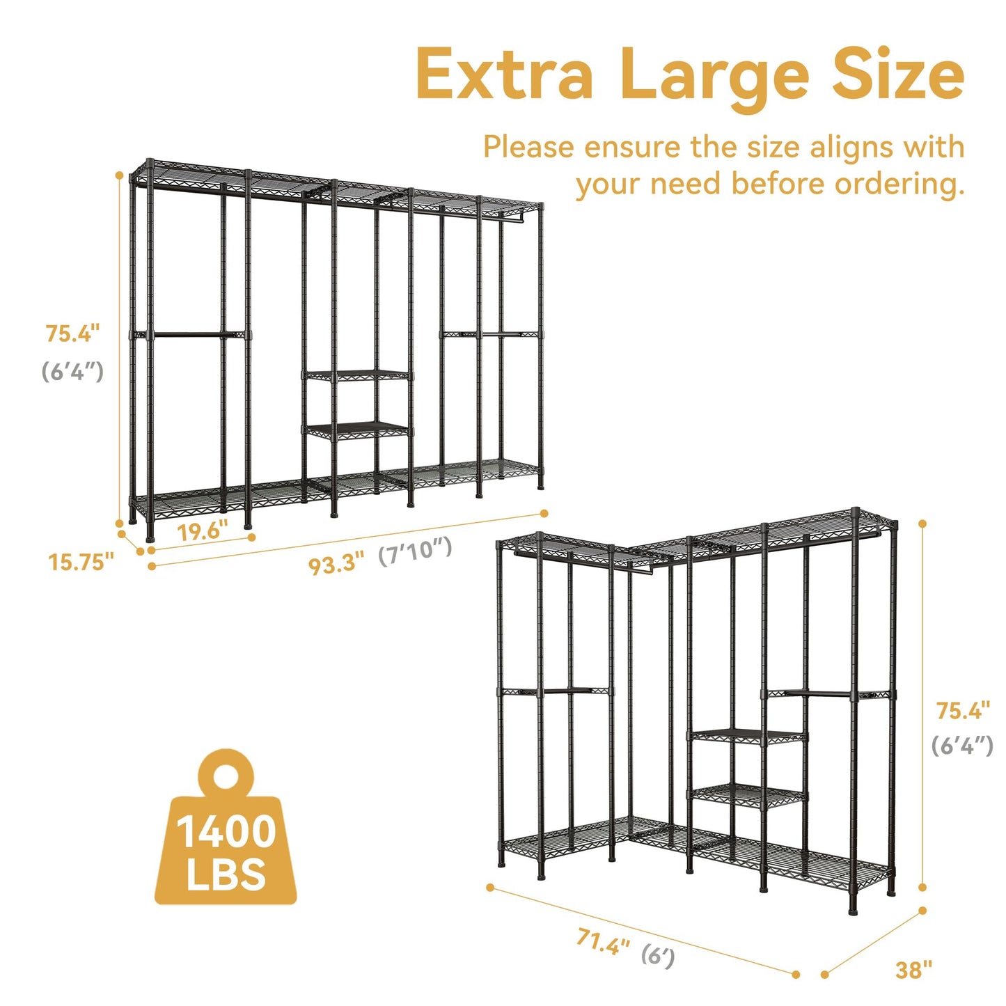Higeego H5 Extra Large Wire Garment Rack, Heavy Duty Clothes Rack, Freestanding Clothing Rack for Hanging Clothes, Wardrobe Closet with Adjustable Shelf, 93.3" Wx15.7 Dx75.4 H, Black, Load 1400 lbs