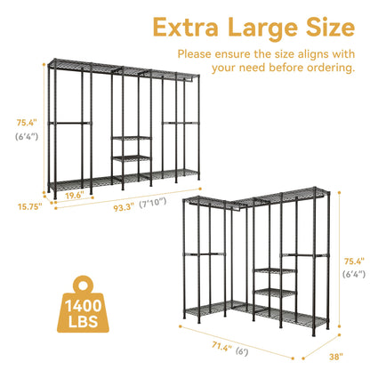 Higeego H5 Extra Large Wire Garment Rack, Heavy Duty Clothes Rack, Freestanding Clothing Rack for Hanging Clothes, Wardrobe Closet with Adjustable Shelf, 93.3" Wx15.7 Dx75.4 H, Black, Load 1400 lbs