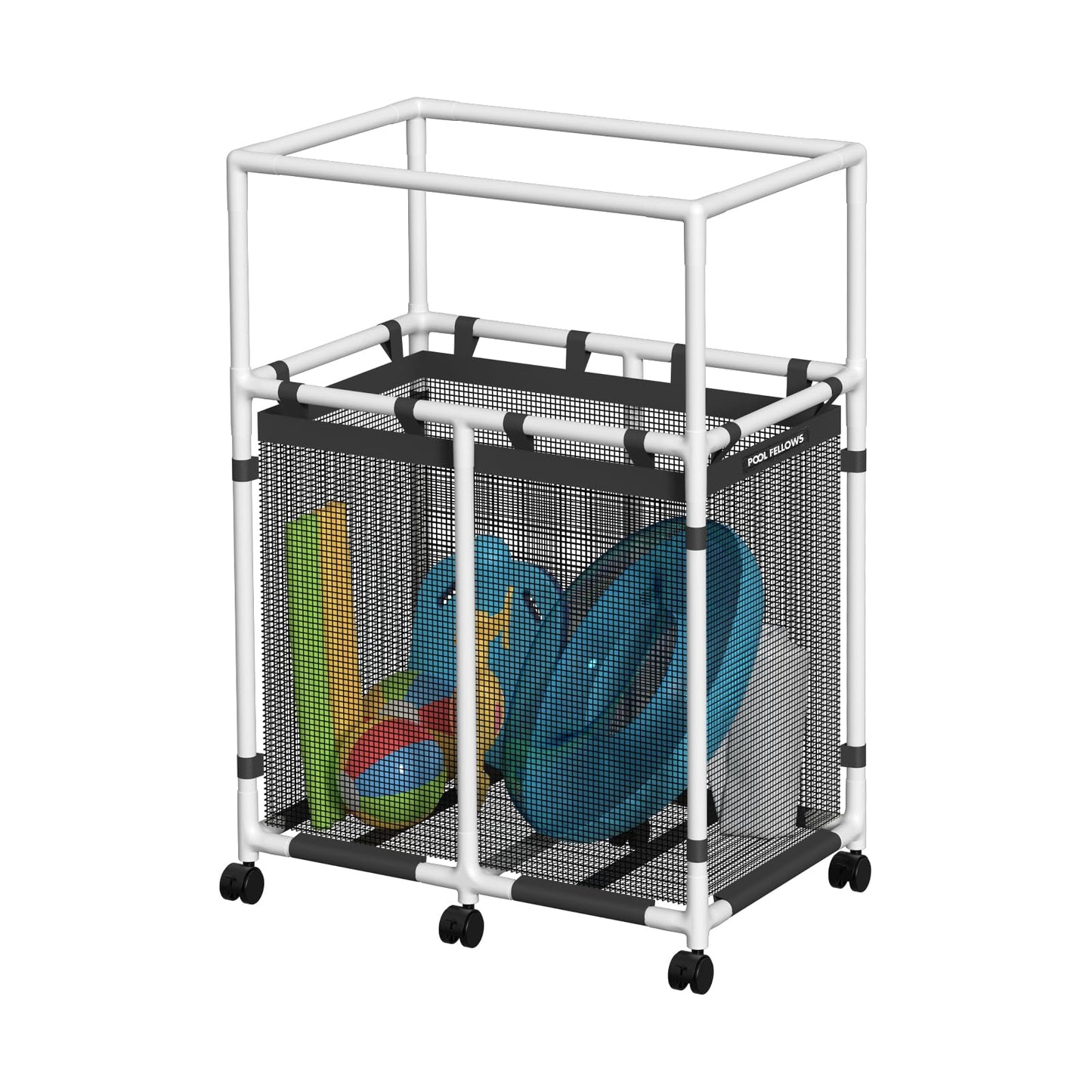 POOL FELLOWS Pool Storage Bin, 105 Gallons, Holder for Noodles, Toys, Floats, Towels, Mesh Organizer for Swimming Equipments, Basic Pro Style