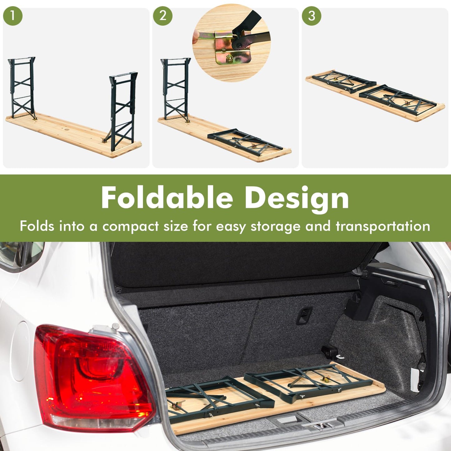CHEFJOY 5.5FT Folding Picnic Beer Table, Outdoor Camping Table with Umbrella Hole & 2 Adjustable Heights, Heavy Duty Metal Frame & Solid Wood Top, Portable Picnic Table for Patio, Garden, Backyard