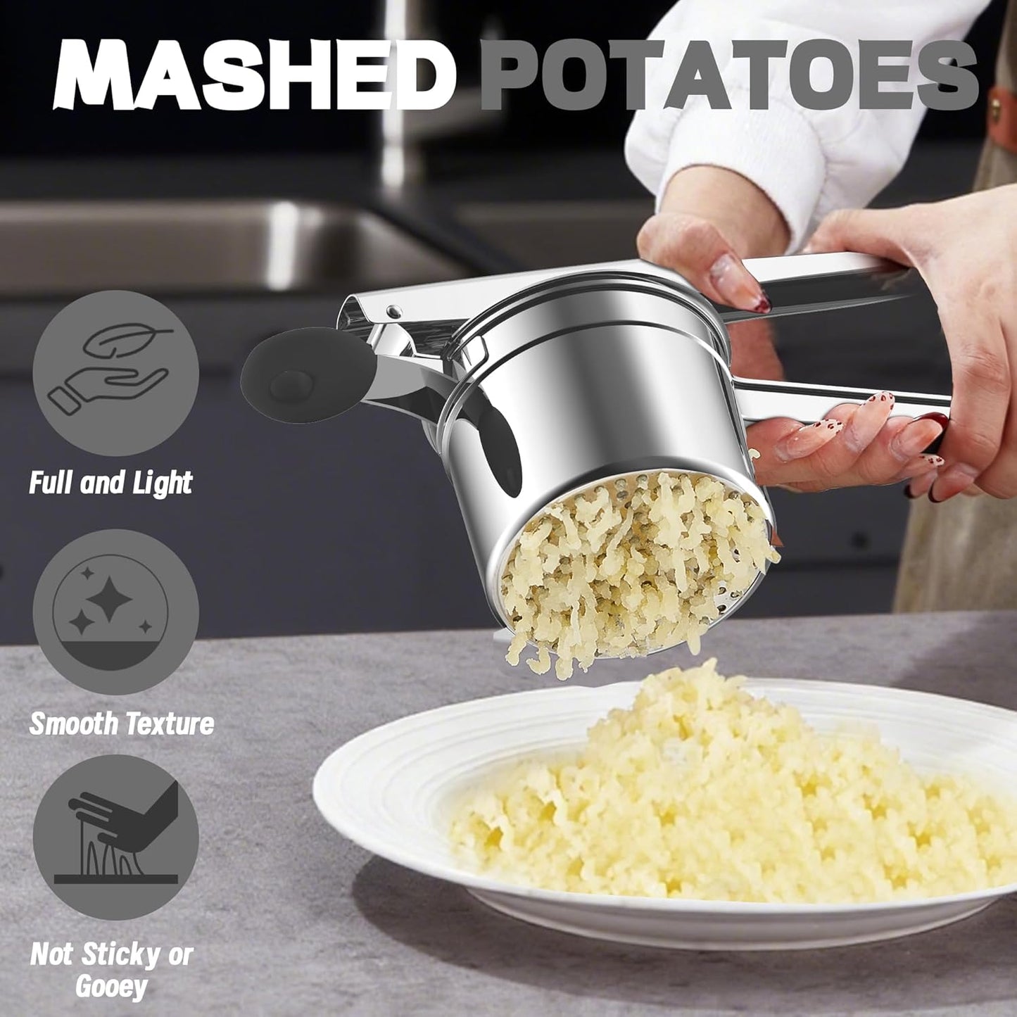 Skiennix 15oz Potato Ricer - Heavy Duty 18/8 Stainless Steel Masher for Baby Food & Spaetzle | Black