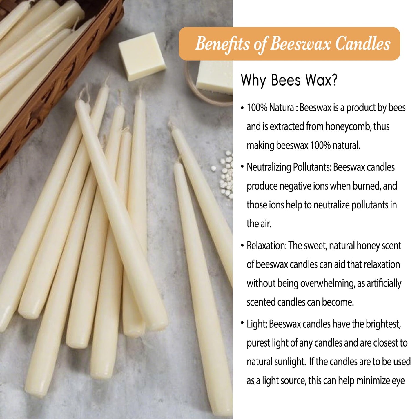 Beeswax Taper Candles White, 9 Inch Natural Beeswax Long Candle Sticks, 10 Hours Burn Time, Smokeless & Dripless Tall Taper Candle for Table Decor, Unscented Bee Wax Tapered Candles (8 Packs)