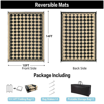 HUGEAR Outdoor Waterproof Rug 10'x14' Plastic Straw Rugs Washable Reversible Floor Mat Beige Plaid Carpet for Camping RV Deck Entryance Porch Picnic Balcony Beach Backyard