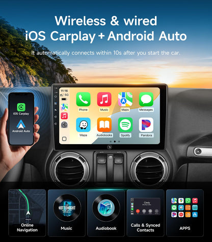 Car Radio Stereo Upgrade for Jeep Wrangler JK Compass Grand Cherokee Dodge Ram with Wireless CarPlay/Android Auto/10.2'' Touchscreen/Backup Camera