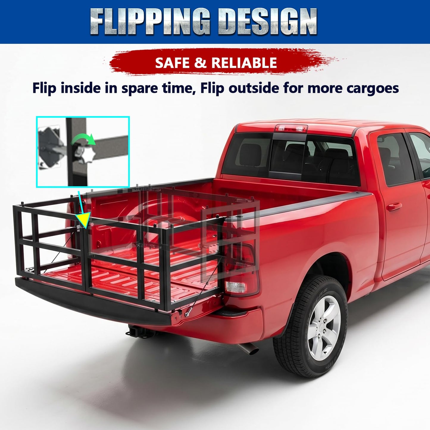 Universal Pickup Truck Bed Extender Rack, 46 to 65" Foldable Adjustable Width for Ford Toyota Nissan Chevy GMC Hyundai Dodge, Heavy-Duty Carbon Steel Square Tube, Expands Cargo Space, Drill Needed