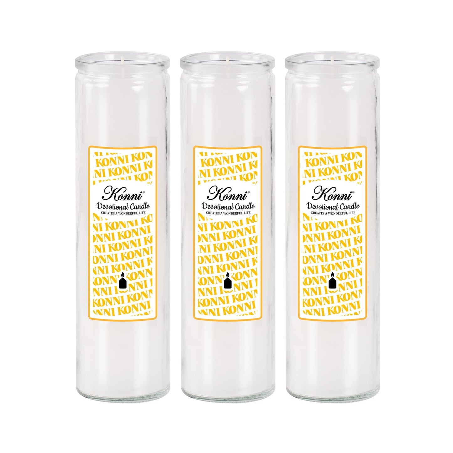 KONNI 2x8 Inch White Pillar Candles in Glass Set of 3, Devotional Prayer Candle, Unscented Religious Candles, 105 Hours Emergency Long Burning, Ideal for Memorials, Vigil, Blessing