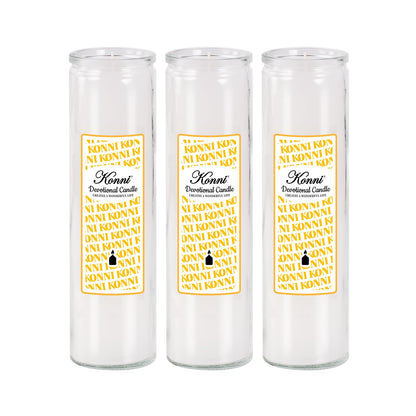 KONNI 2x8 Inch White Pillar Candles in Glass Set of 3, Devotional Prayer Candle, Unscented Religious Candles, 105 Hours Emergency Long Burning, Ideal for Memorials, Vigil, Blessing