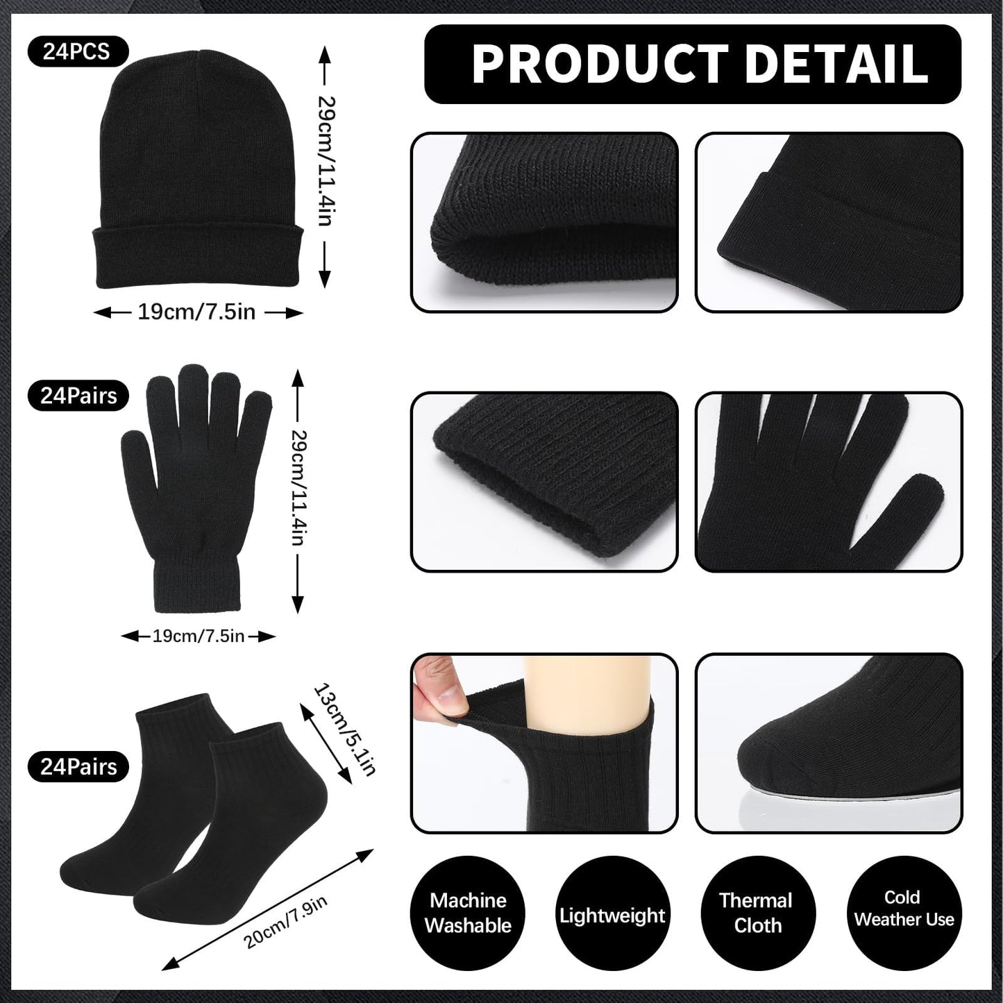 144 Pcs Homeless Care Package Supplies Bulk Winter Beanie Hats Emergency Blankets Sock Gloves Scarf Unisex Draw String Bag Winter Gloves, Scarves, Hats for Charity Church Donation Black