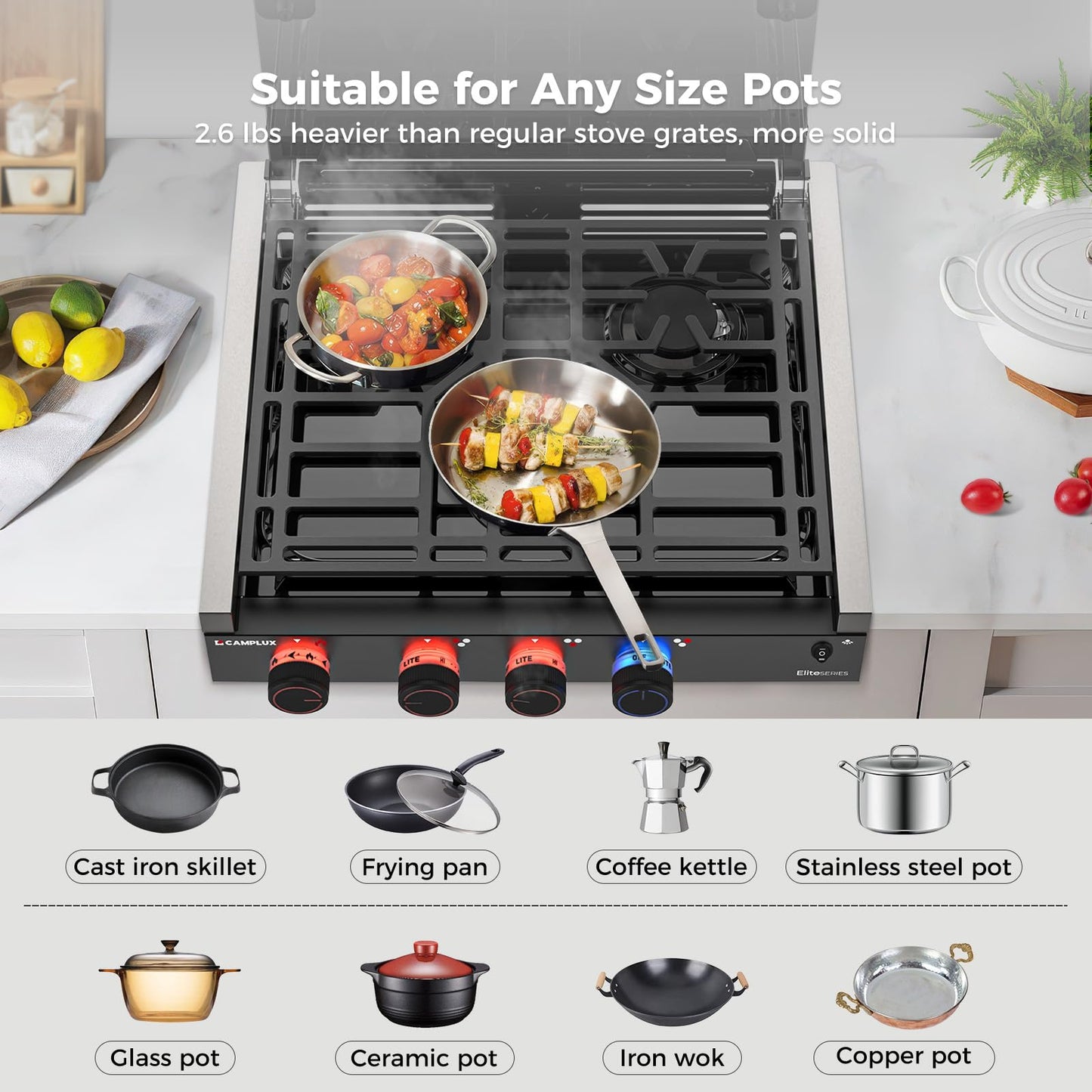 CAMPLUX Elite RV Stove 3 Burners, 21,000 BTU Propane Cooktop with Tempered Glass Cover & Flame Failure Protection, 21-Inch Slide-In Gas Rangetop for RVs, Campers, Motorhomes, and Boats, Black