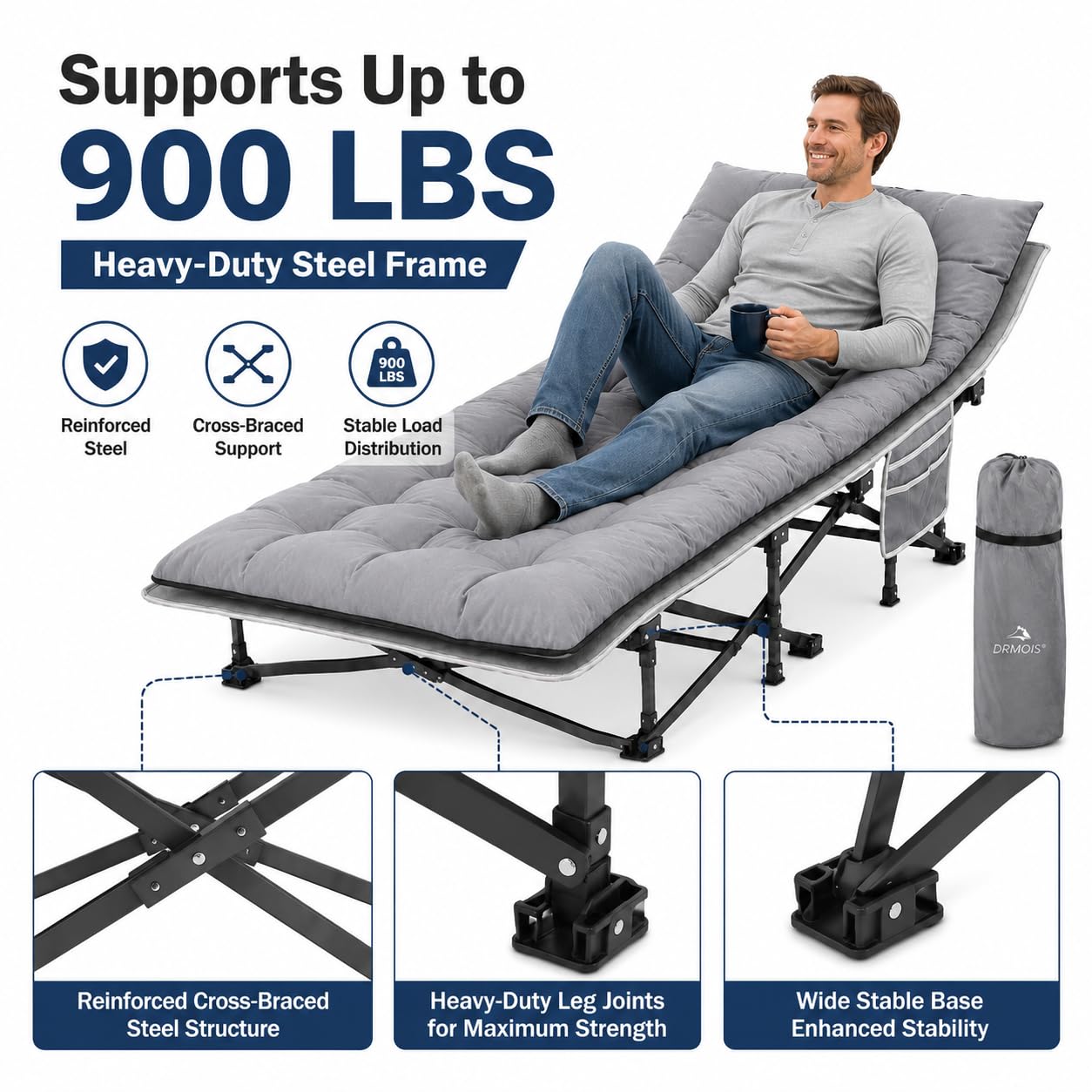 DRMOIS Camping cots, Oversized 32inch Width Portable Foldable Outdoor Bed for Adults Kids, Cot for Traveling Gear Supplier, Office Nap,Support 900 lbs-with Sleeping Pad Mattress-Grey, XXL Size