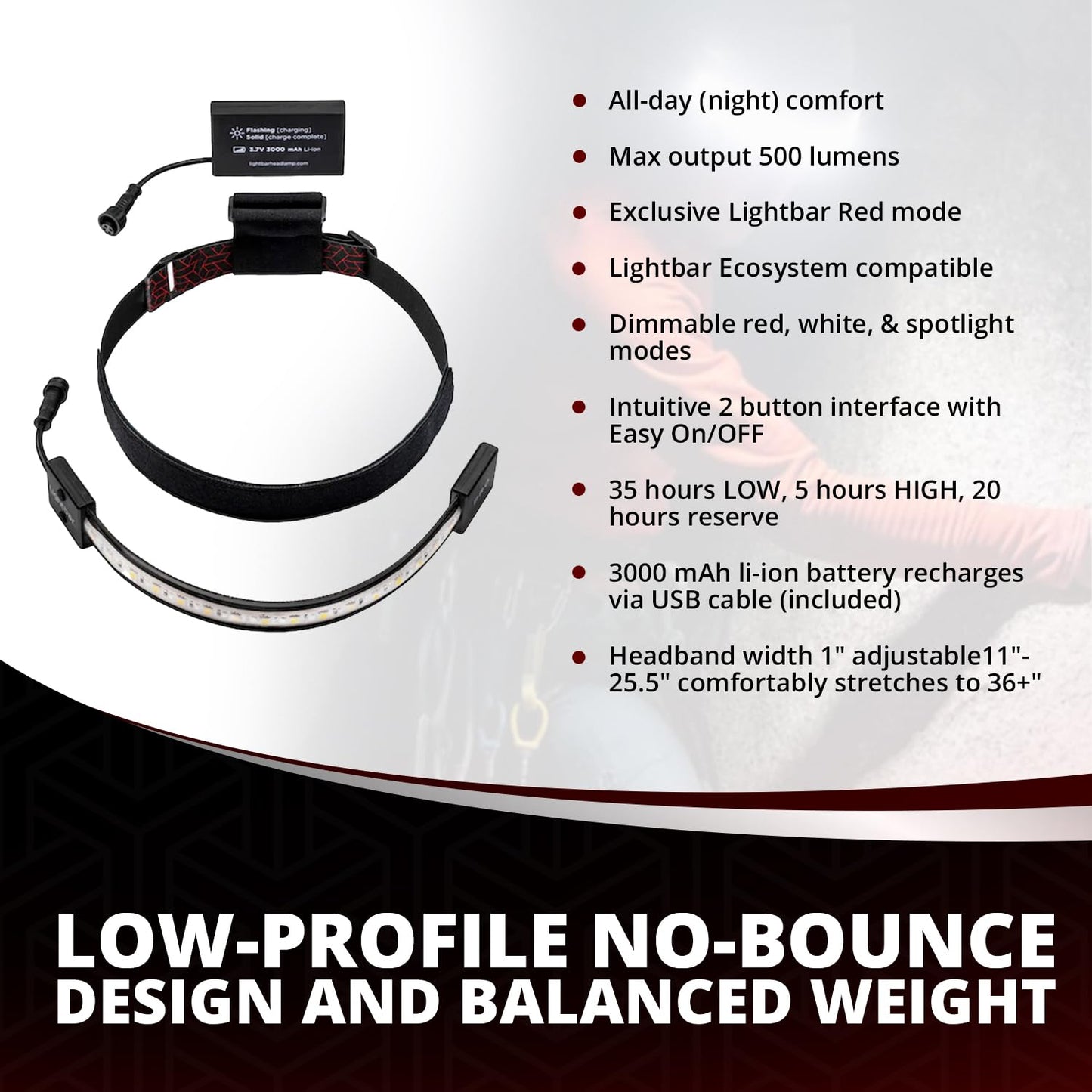 LIGHTBAR Pro | LED Headlamp, 500 Lumens, Waterproof Rated, Rechargeable Battery, Red Light Mode, Camping Running Biking Fishing Construction