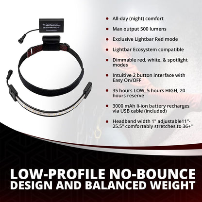 LIGHTBAR Pro | LED Headlamp, 500 Lumens, Waterproof Rated, Rechargeable Battery, Red Light Mode, Camping Running Biking Fishing Construction