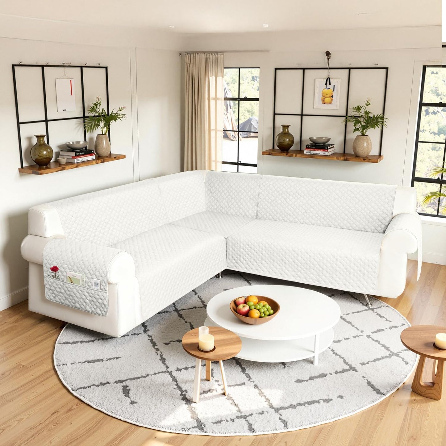 HYZOTEX Waterproof Sectional Couch Cover for Dogs, Extra Large L Shape Corner Sofa Cover, Non-Slip Washable U Shaped Sofa Slipcovers Furniture Protector (XX-Large, Ivory White)
