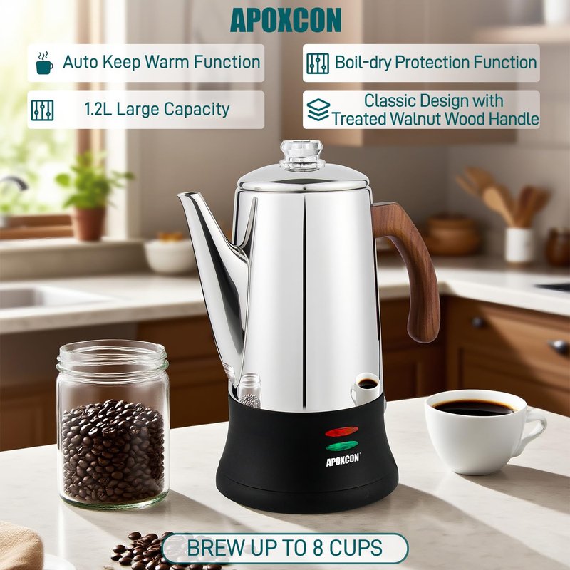APOXCON Electric Coffee Percolator Stainless Steel Coffee Maker with Two Heat Resistant Glass Knob & Treated Solid Wood Handle Keep Warm Cordless Serve Elegant Design Coffee Pot On/OFF Switch 8 Cup