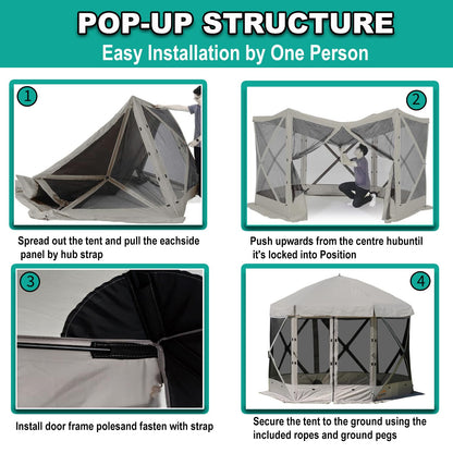 Lenotos Pop Up Screen Tent, 12'x12' Windproof & UV Protection Sun Shelter, Portable Instant Setup, 6-Sided Screen Tent for Picnic, Camping, Backyard, Outdoor (Grey)