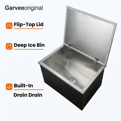 Garvee Drop-in Ice Chest, Large Capacity Stainless Ice Bin with Lid & Drain-Pipe Set, Commercial Grade Insulated Ice Bucket for Cold Wine Beer, Non-Electric 24H Cold Retention for Outdoor Kitchen&Bar