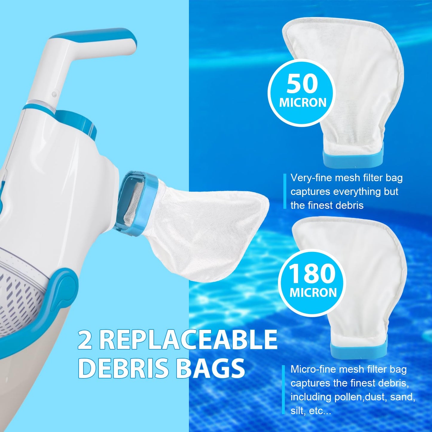 CZYBYTE Handheld Pool Vacuum Cleaner, Rechargeable Pool Bottom Cleaner with Strong Suction, 1 H Runtime,for Above Ground/Inground Pools, Spas and Hot Tubs, White