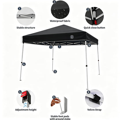 10X20FT Pop Up Canopy Tent, Beach Tent with One Push Setup, Sun Shelter with Slant Legs & Carrying Bag, Waterproof & UV Protected, Outdoor Canopy for Commercial Events, Camping, Backyard Party, Black