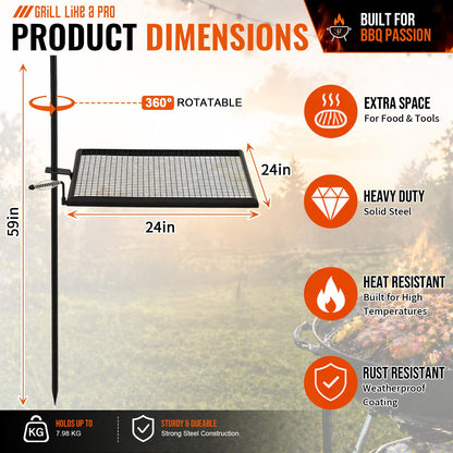 Ferrochef 24" x 24" Fire Pit Campfire Grill Grate Campfire Grill Portable Open Fire Cooking Heavy-duty Foldable Camping Cooking Barbecue Rack Easy Setup & Adjustable Height for Outdoor BBQ