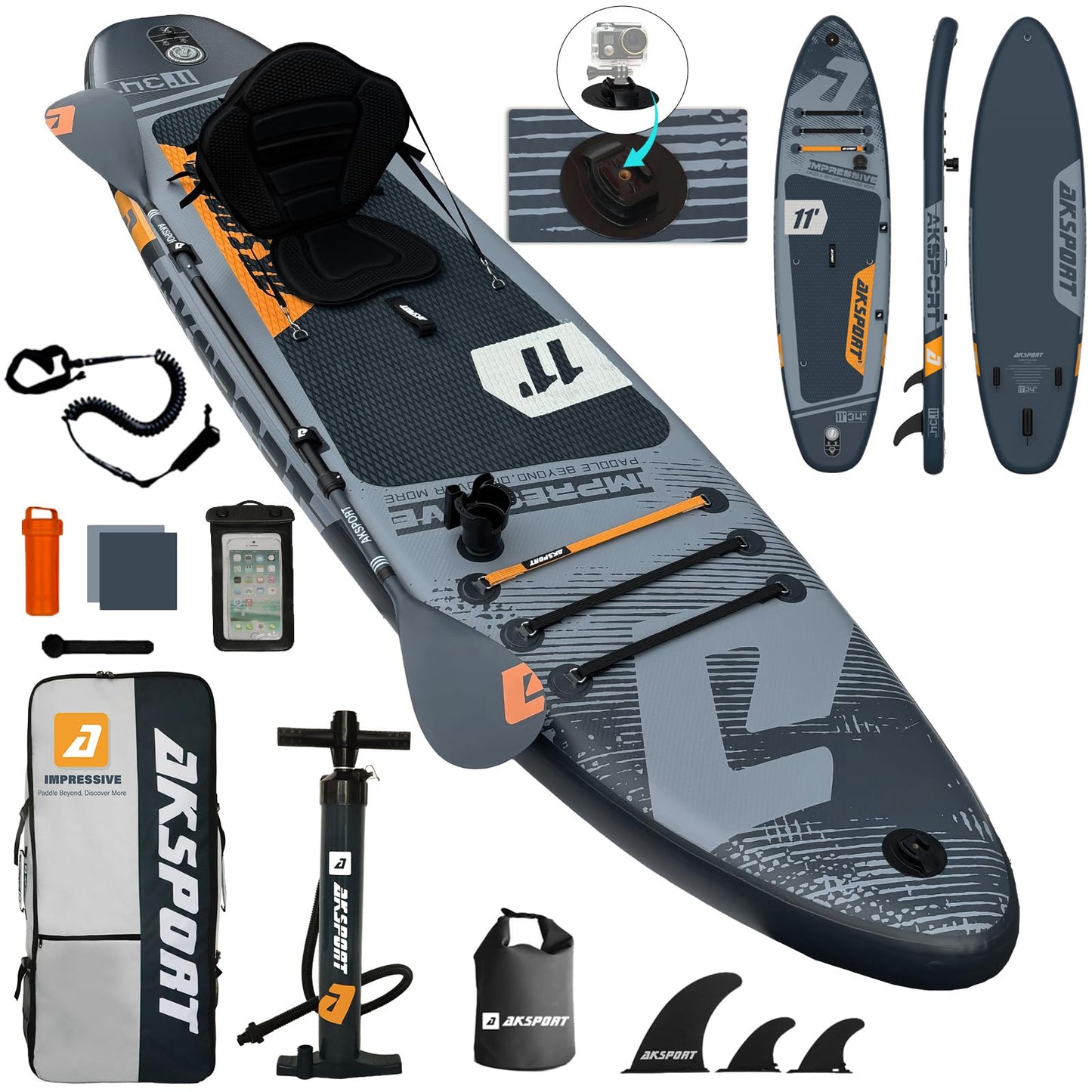 AKSPORT 11' x 34'' x 6'' Inflatable Stand Up Paddle Board SUP with Full Accessories,Wide Stable Design, Non-Slip Deck- 2-in-1 Convertible SUP/Kayak for Paddling/Fishing