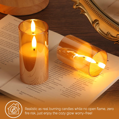 Girimax Gold Glass Flameless Candles with Remote Batteries, Flickering Slim LED Pillar Candles Home Table Decor Set of 5