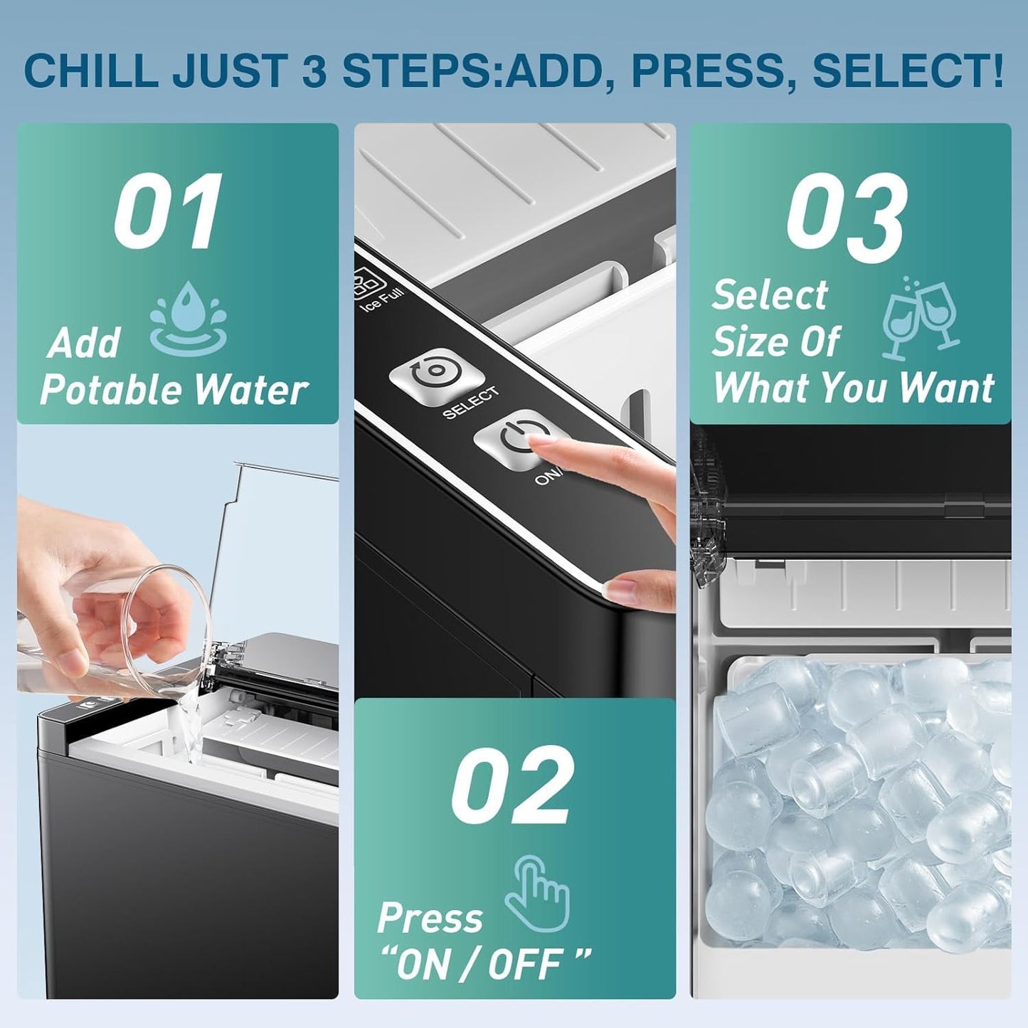 Ice Makers Countertop, 9 Ice Cubes in 6 Mins Portable Ice Maker, 2 Sizes of Bullet Ice (S/L) Small Ice Machine for Home Kitchen Camping (Onyx)