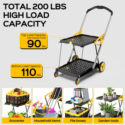 TOLRET Collapsible Shopping Cart with Wheels, 200 lbs Capacity Grocery Cart on Wheels with Storage Crate, Platform Hand Truck with Foot Brake, Yellow