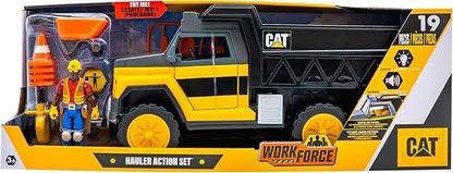 Cat Construction Workforce Hauler Action Set 18-Piece Kids Construction Toy Playset with Freewheeling Hauler Truck Lights &amp Action-Activated Sounds 4-Inch Figure Tools &amp Accessories Ages