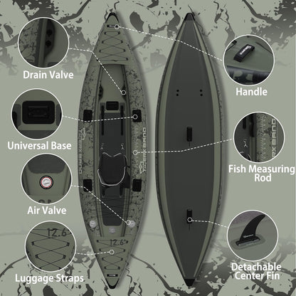 TIGERXBANG Inflatable Kayak with Detachable Seat,12.6'x40''x10.6''SUP-Kayak Set (Hand Pump/Aluminium Paddle/Backpack/and Multi-Functional Base),Adult/Youth Kayak Boat for Fishing ，Touring