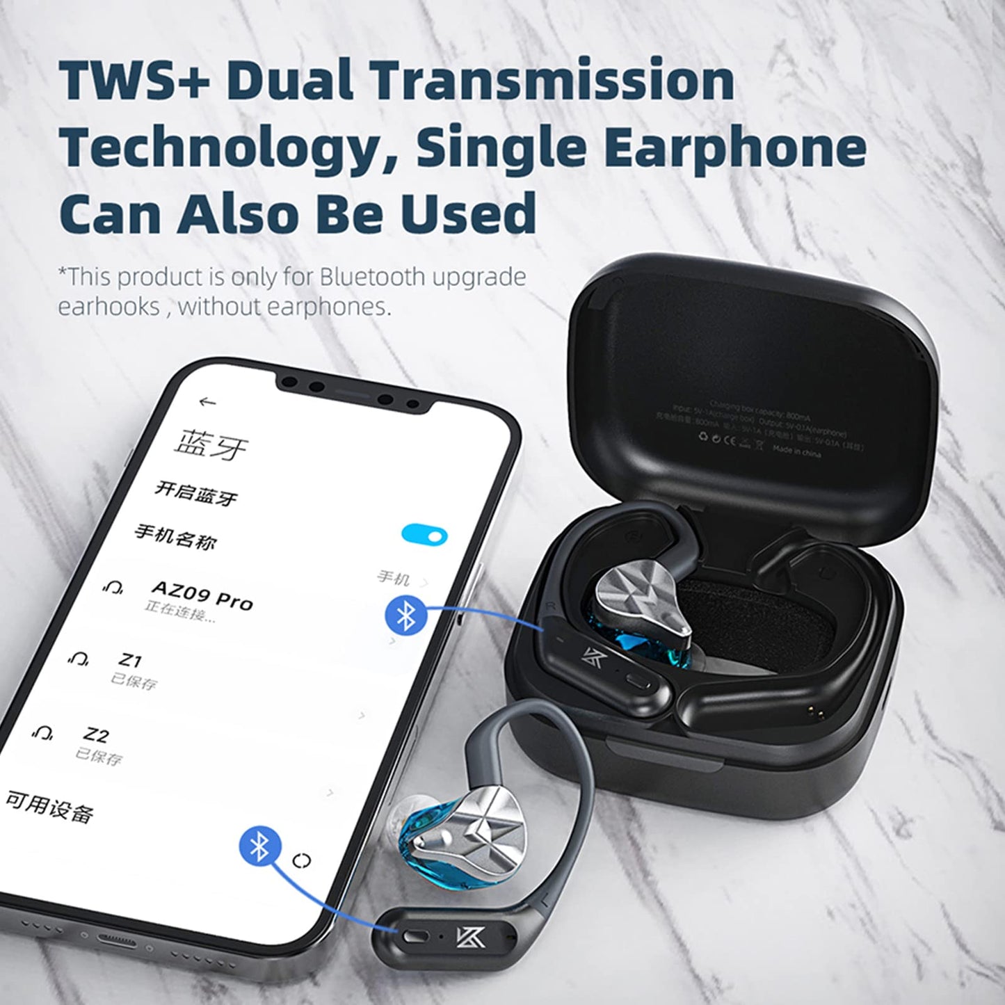 CCA KZ AZ09 PRO Bluetooth 5.2 Module IEM Bluetooth Adapter Waterproof Ear Hook Extra Long Battery Life Cable for KZ ZS10 PRO/ZSN Pro X/ZSN PRO/ZEX PRO/AS16 PRO/Zax/DQ6 Polaris/C12/CRA PRO(C pin)