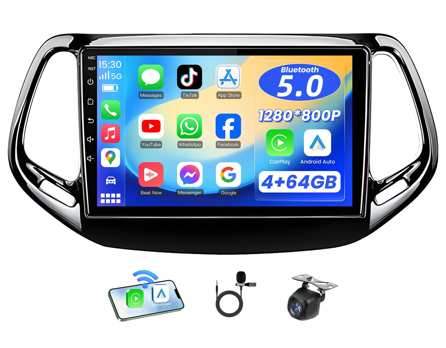 Android 13 Car Radio Stereo for Jeep Compass 2017-2020: [4+64G] 10 Inch 1280 * 800HD Touchscreen Head Unit Replacement with CarPlay Android Auto 5GWiFi GPS Bluetooth FM SWC Backup Camera