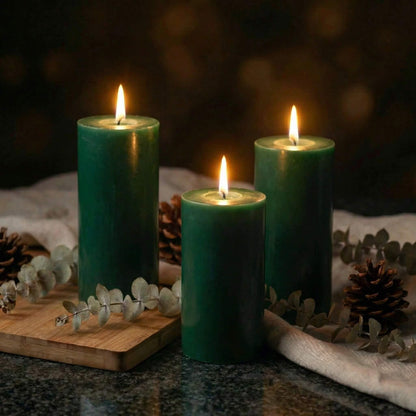 Richland Set of 3 Dark Green Pillar Candles 3" x 6" Unscented for Weddings Christmas Home Holidays Spa St. Patrick's Day Church