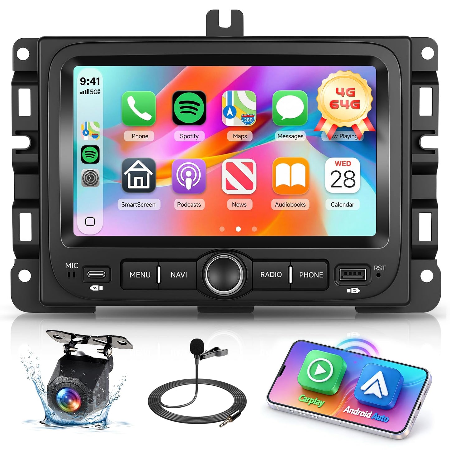 4G+64G Car Stereo For Jeep Renegade 2016-2021/Compass Android 7 Inch Incell Touch Screen Stereo GPS Navigation with Wireless Carplay Android Auto Double Din Car Radio Bluetooth DSP WiFi FM RDS, Camera