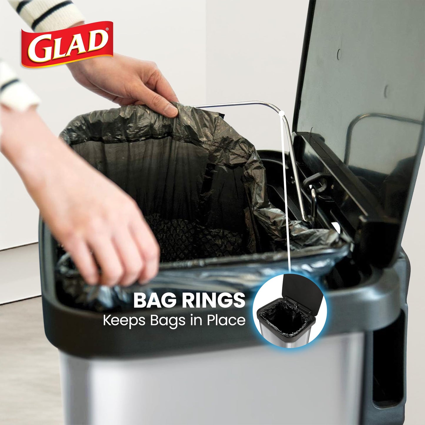 Glad Step Trash Can, Soft Close Lid Bin with Odor Protection, 20 Gal, Stainless