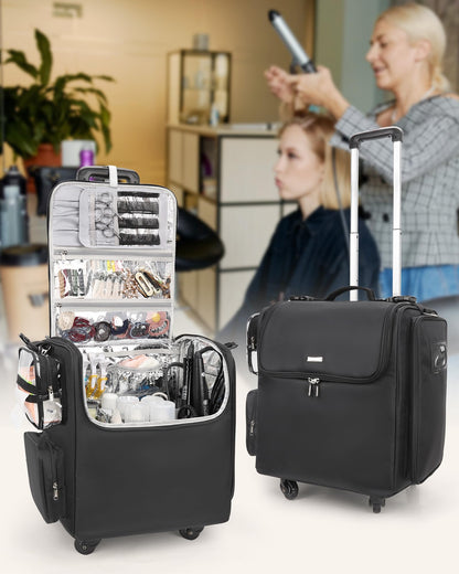 Relavel Rolling Makeup Train Case, Professional Hairstylist Traveling Bag with 4 Wheels & 2 Pouches, Adjustable Dividers, Heat Insulation Full Layer, Portable Cosmetics Storage Organizer Suitcase