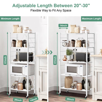 Himix 5 Tier Foldable Storage Shelves, Expandable Folding Pantry Shelf with Wheels, Changeable into 2 Shelf Units, Collapsible Storage Rack Metal Shelves for Kitchen, Room, Garage, White
